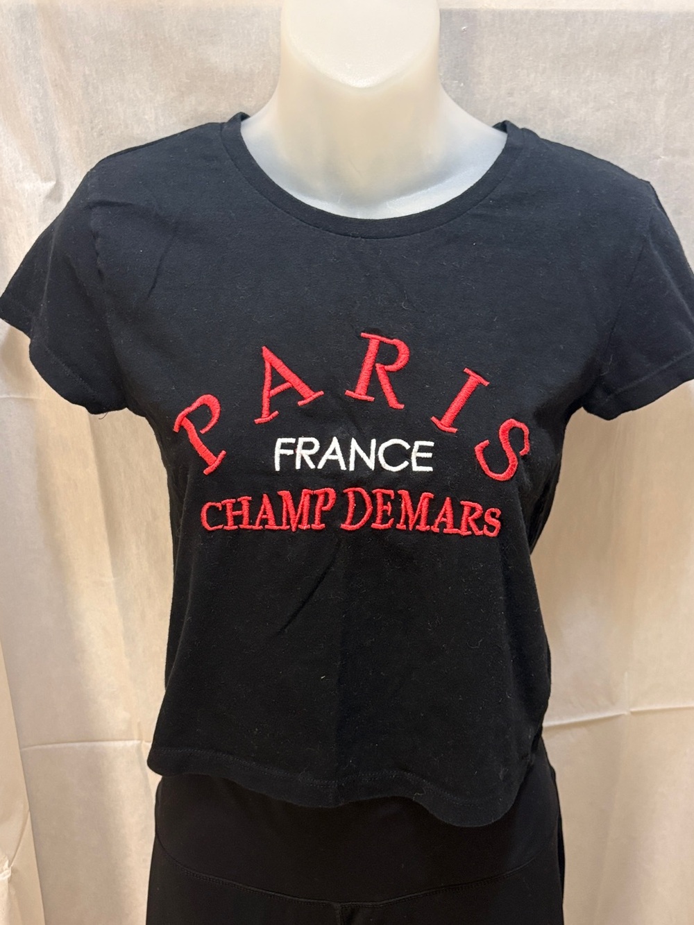 Goddess Black Short-Sleeve Tee with Red & White Paris Embroidery